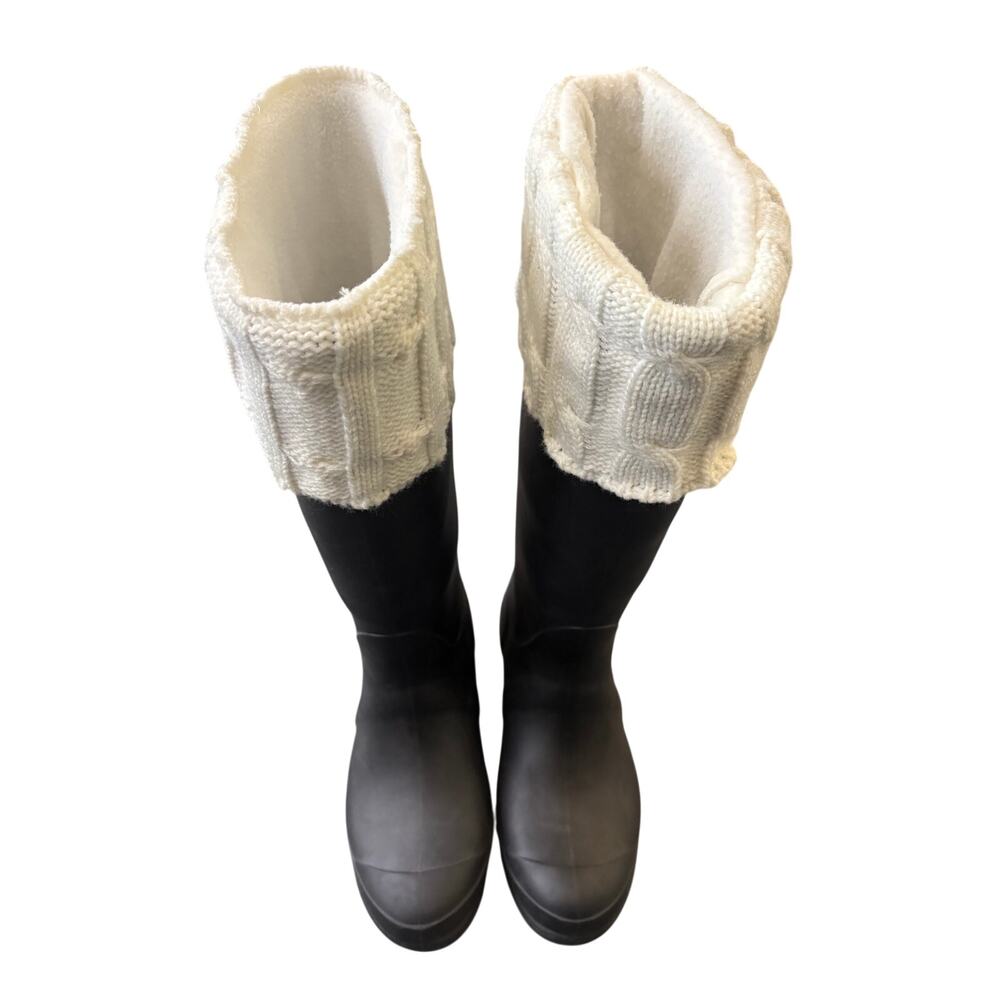 Black Rain Boots Size 38  Size 7.5 Cream Cable Knit Cuff Buckle Knee High